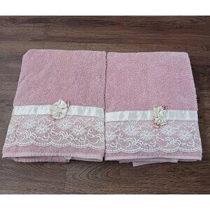 Vintage 80s Bath Towel Set Lot Of 2 Pink Lace Satin Rosette